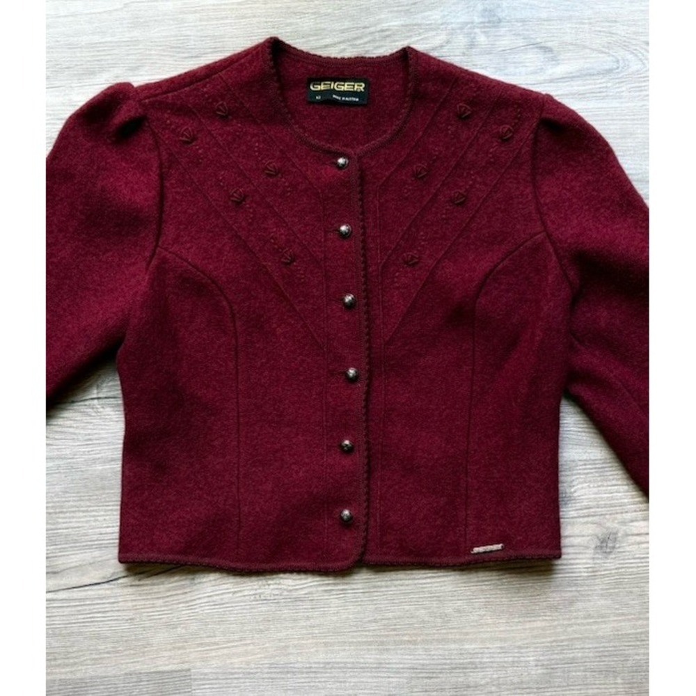 Geiger Womens 42 Burgundy 100% Wool Knit Button Front Cardigan Sweater Austria